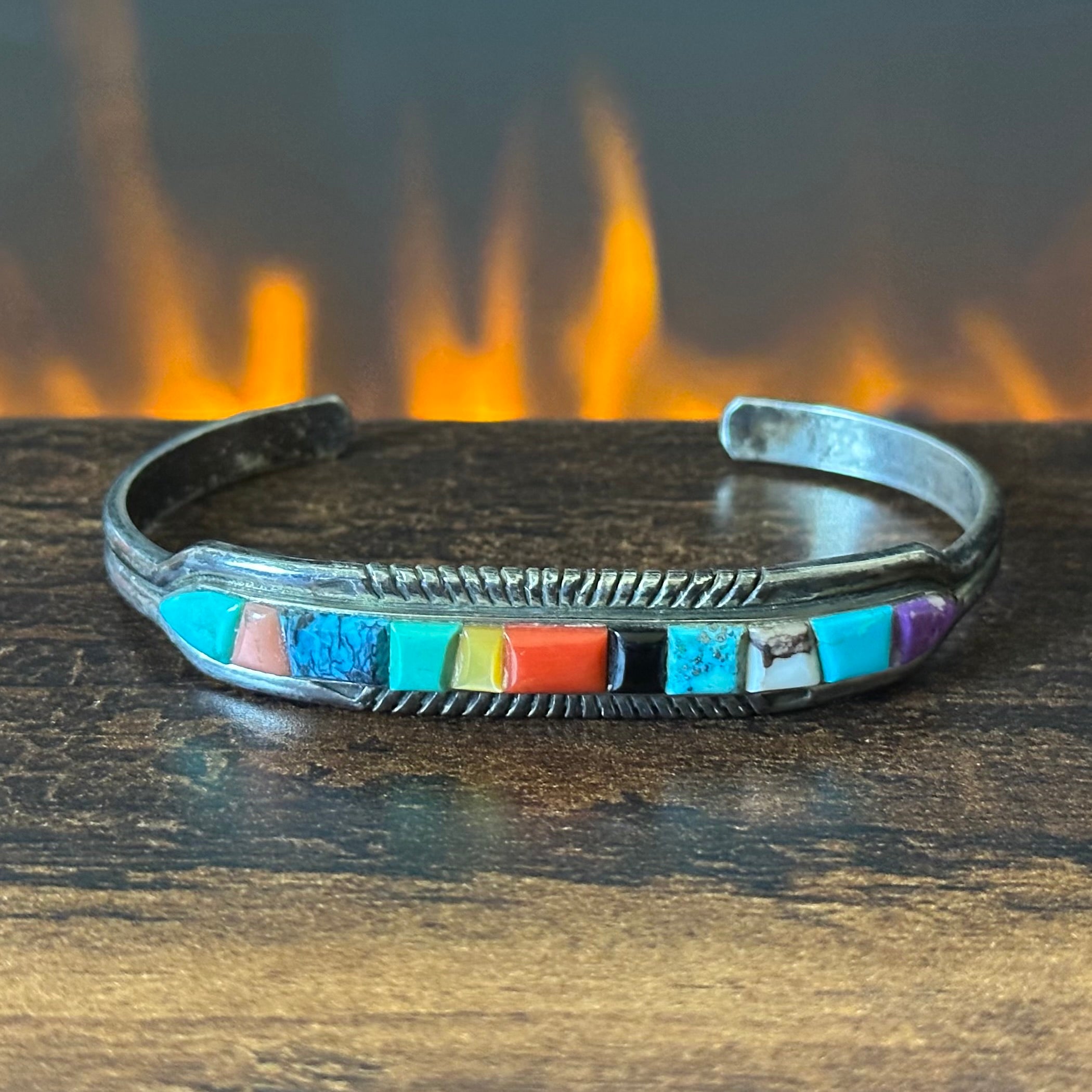 Vintage Signed Turquoise Pink Conch Red Coral Charoite Onyx Sterling Hand Stamped Inlay Stacker Cuff