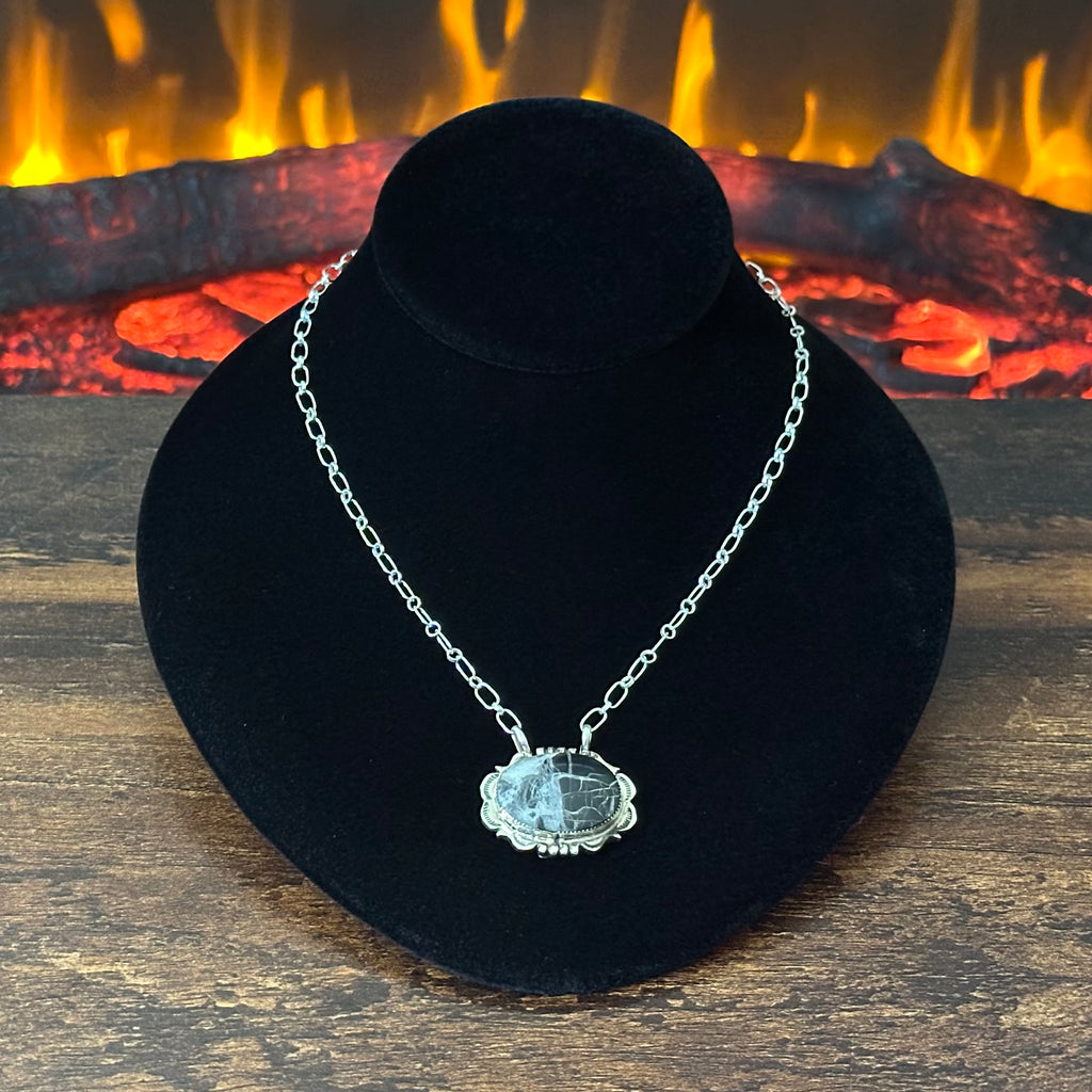 Navajo Leroy Silversmith White Buffalo Sterling Hand Stamped Pendant Necklace
