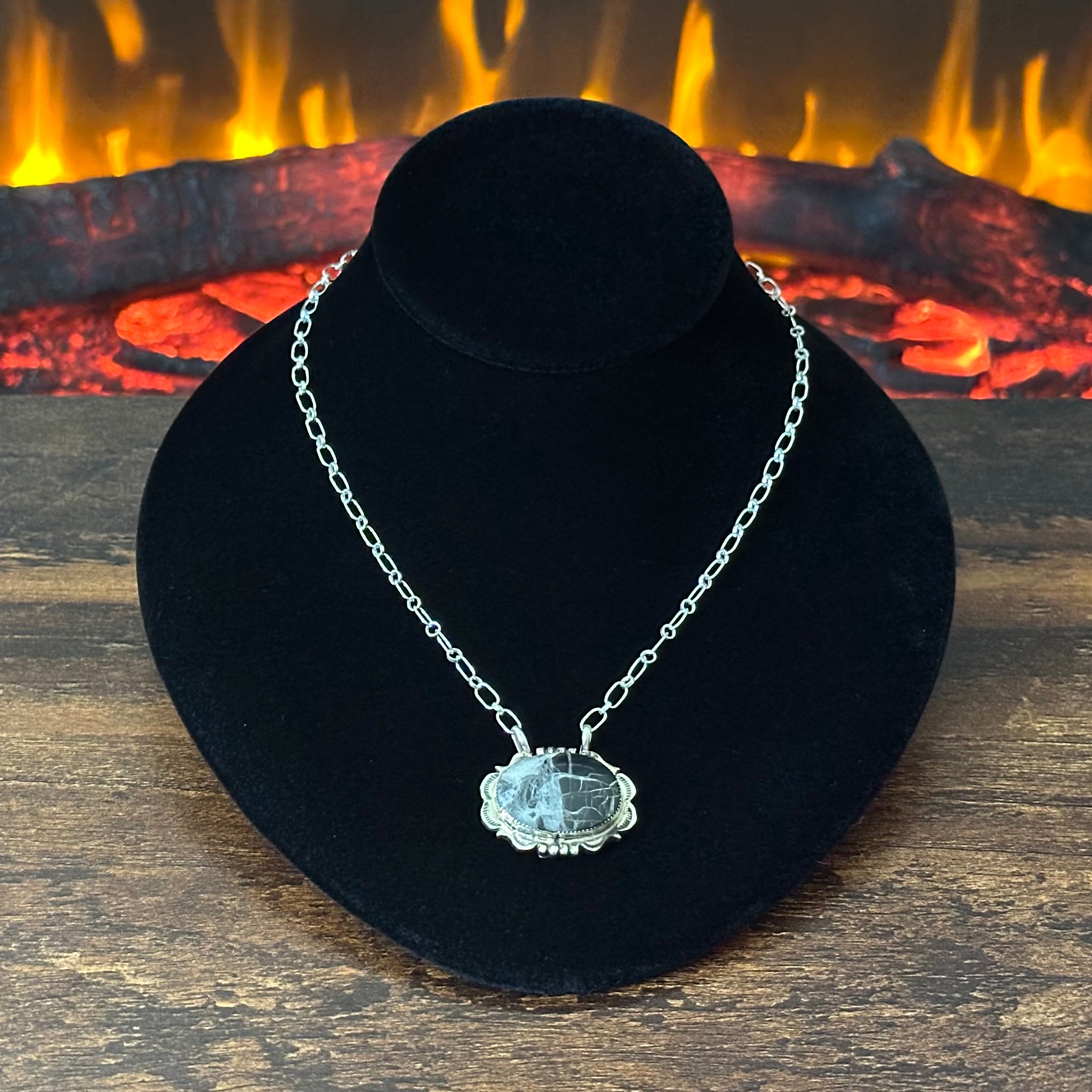 Navajo Leroy Silversmith White Buffalo Sterling Hand Stamped Pendant Necklace