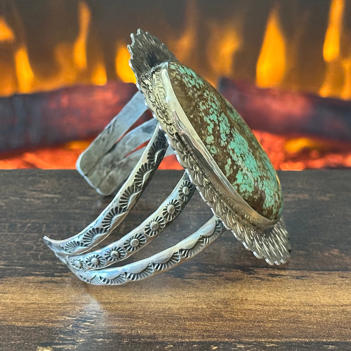 San Felipe Jacob Troncosa Turquoise Sterling Hand Stamped Statement Cuff