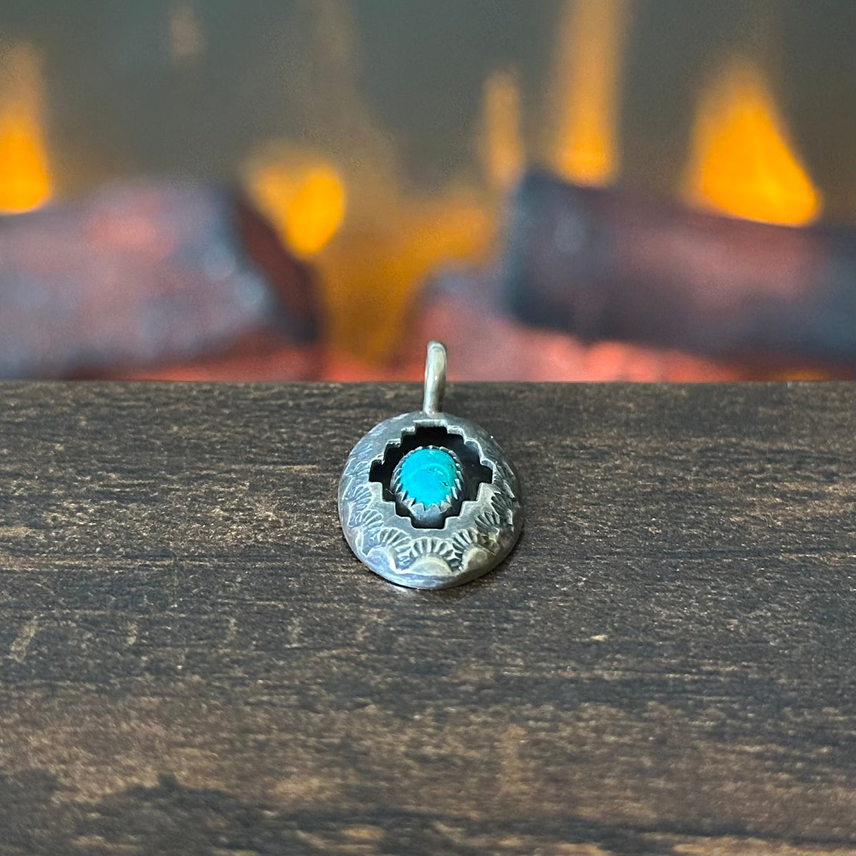 R.P. Signed Turquoise Sterling Hand Stamped Shadowbox Oval Pendant