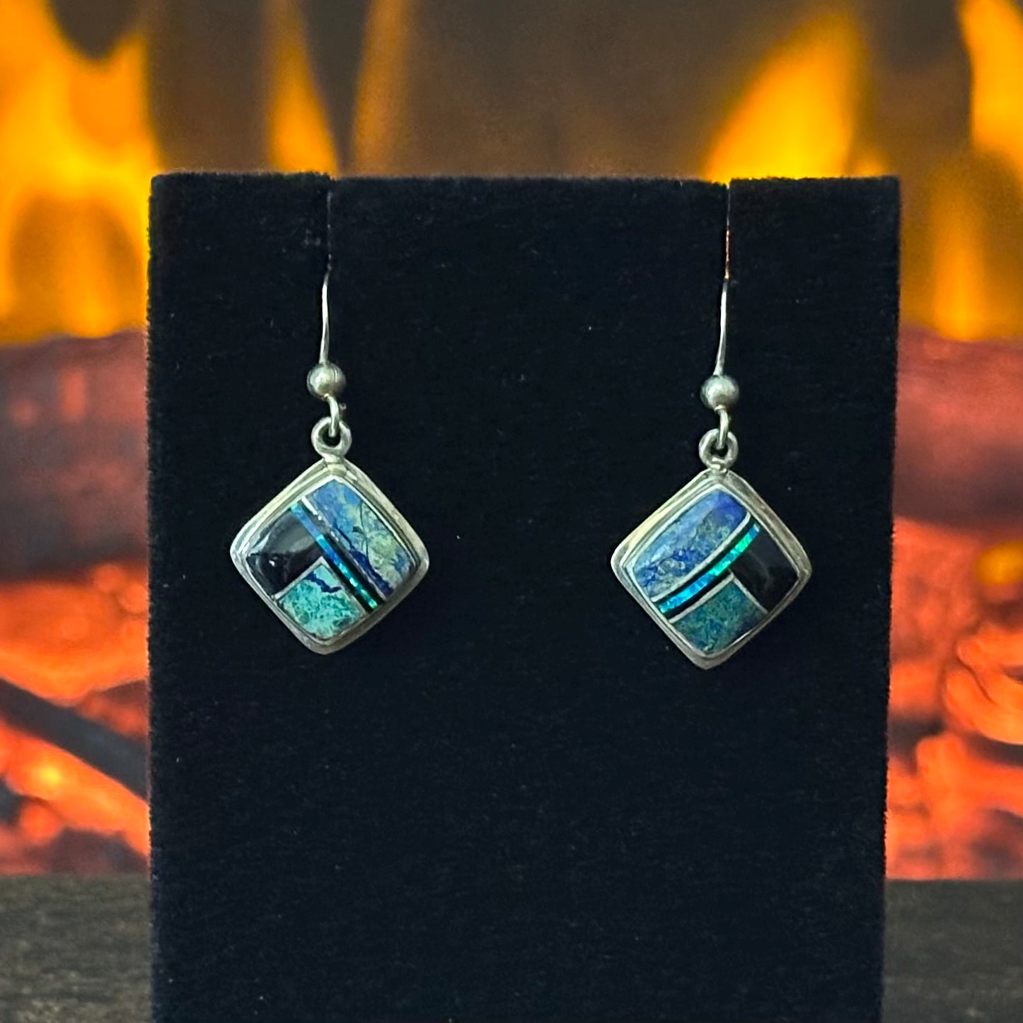 EA Signed Azurite Opal Onyx Sterling Square Inlay Dangle Earrings