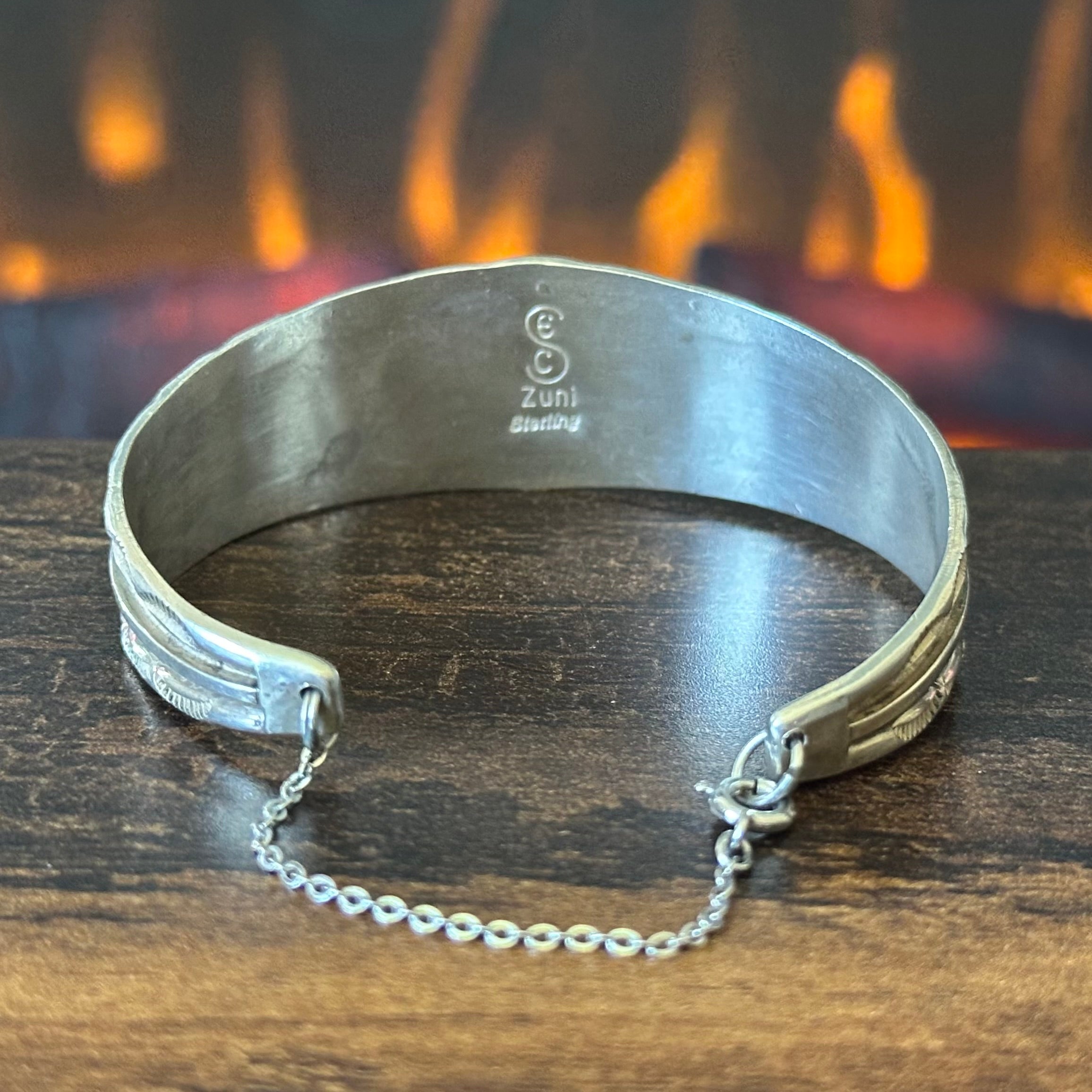 Zuni Eldred & Charlotte Seoutewa Malachite Sterling Hand Stamped Inlay Cuff w/ Chain
