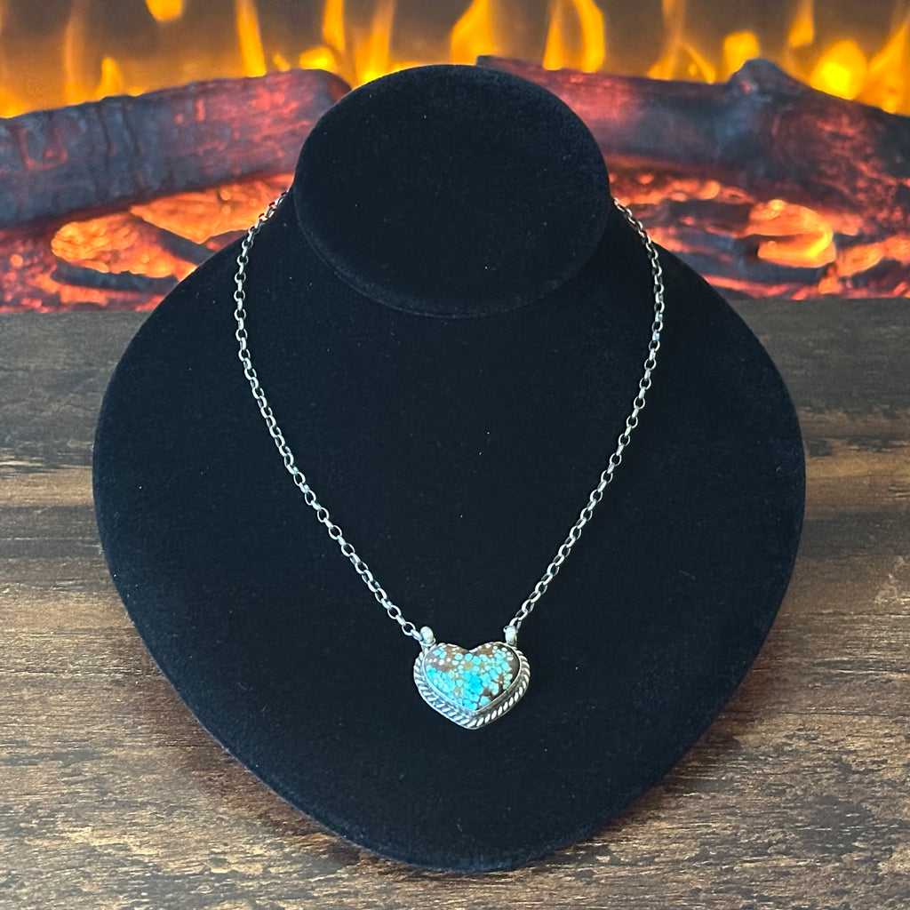 Navajo Donovan Skeets Mine #8 Turquoise Sterling Twist Wire Bezel Heart Pendant Necklace