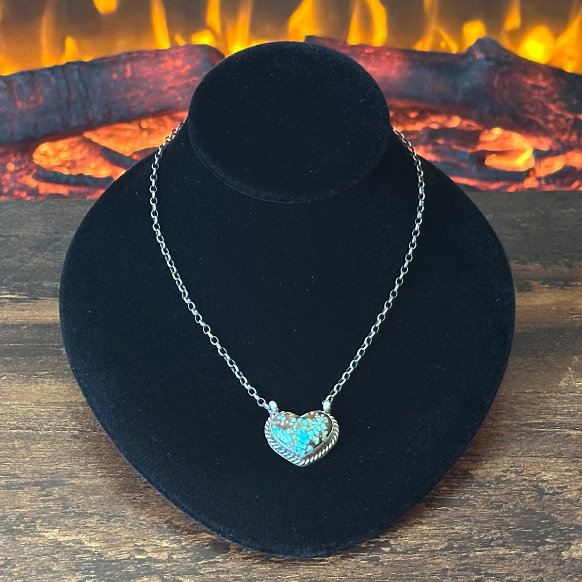 Navajo Donovan Skeets Mine #8 Turquoise Sterling Twist Wire Bezel Heart Pendant Necklace