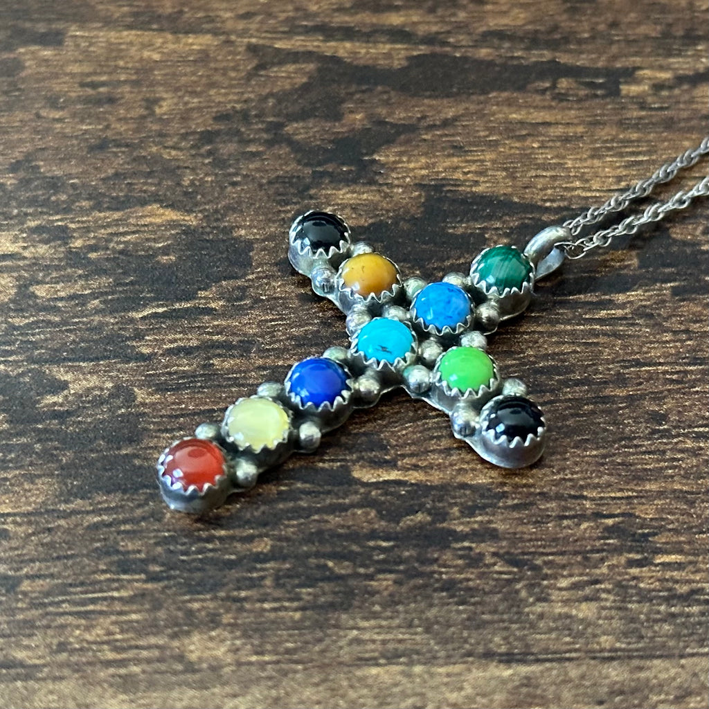 Navajo Lenora Begay Turquoise Lapis Onyx Sodalite Gaspeite Malachite Tigers Eye 10 Stone Sterling Cross Pendant Necklace