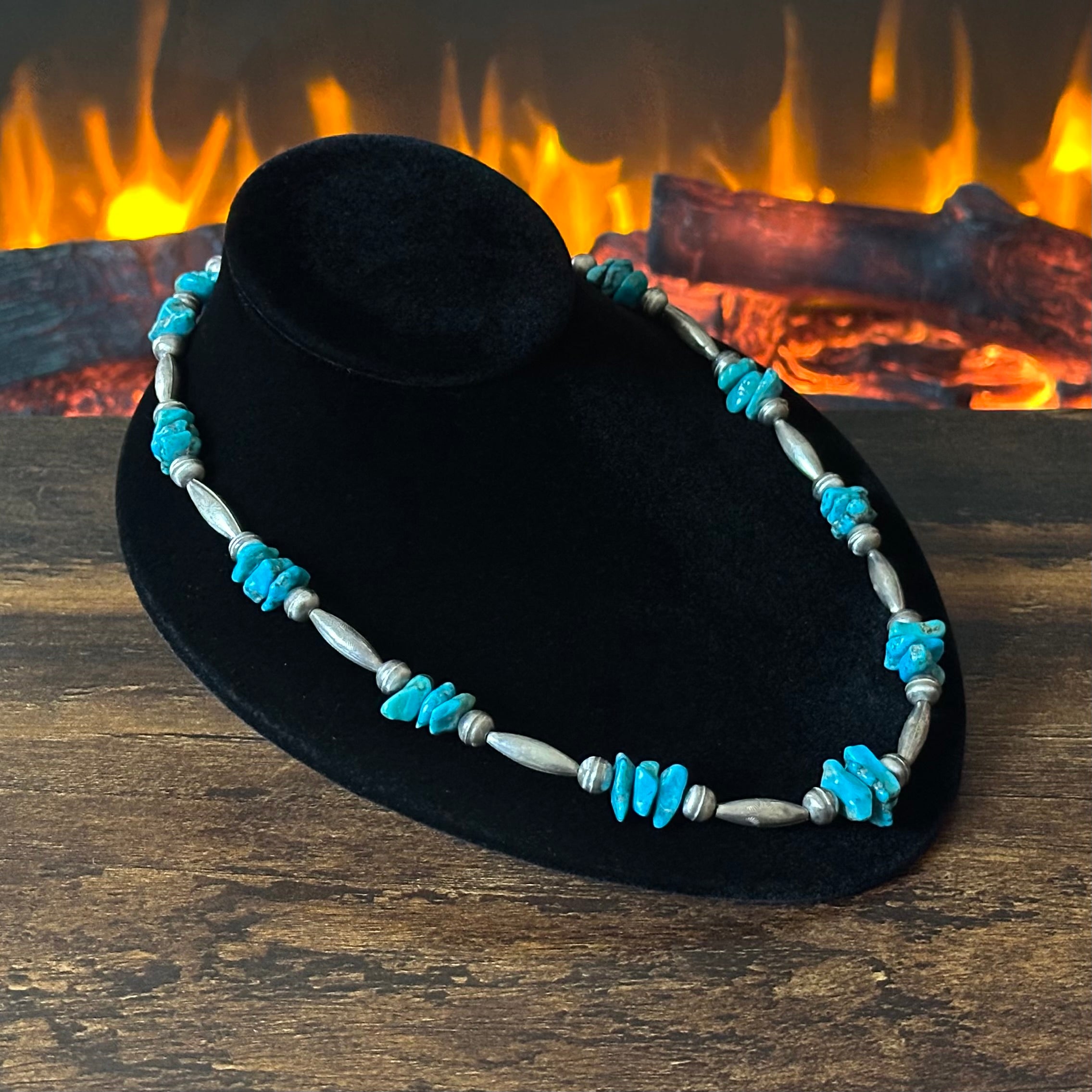 Chunky Turquoise 33 Stone Sterling Bench Stamped Torpedo Bead Necklace