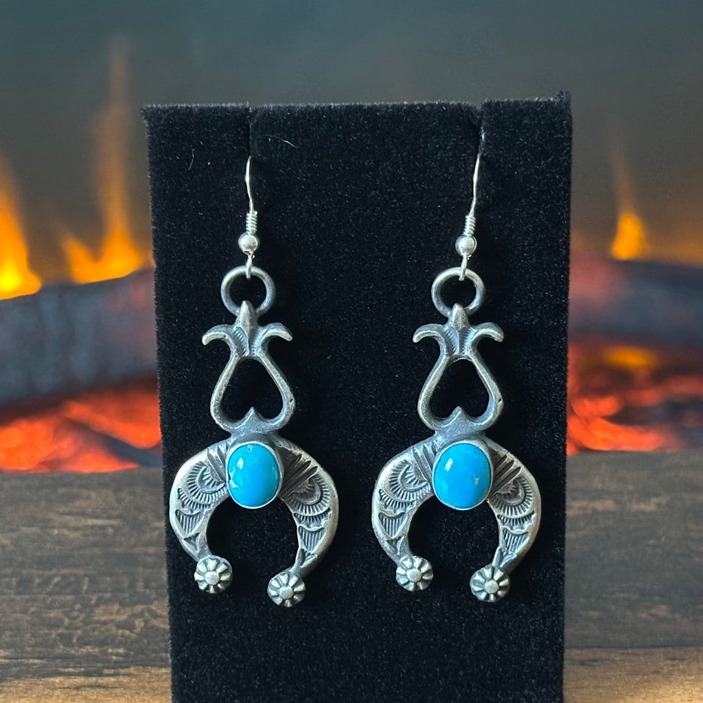 Navajo Kevin Billah Turquoise Hand Stamped Naja Dangle Earrings