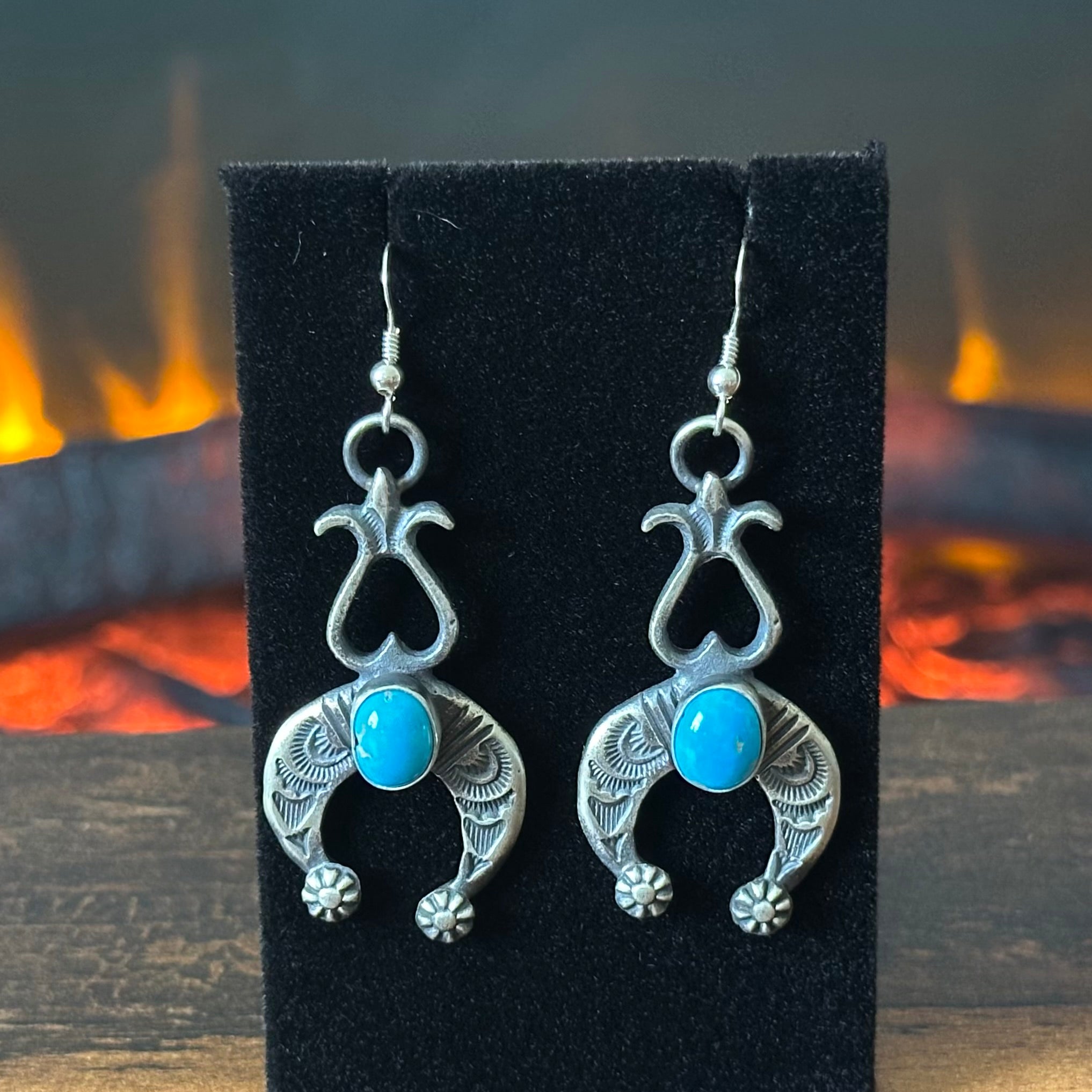 Navajo Kevin Billah Turquoise Hand Stamped Naja Dangle Earrings