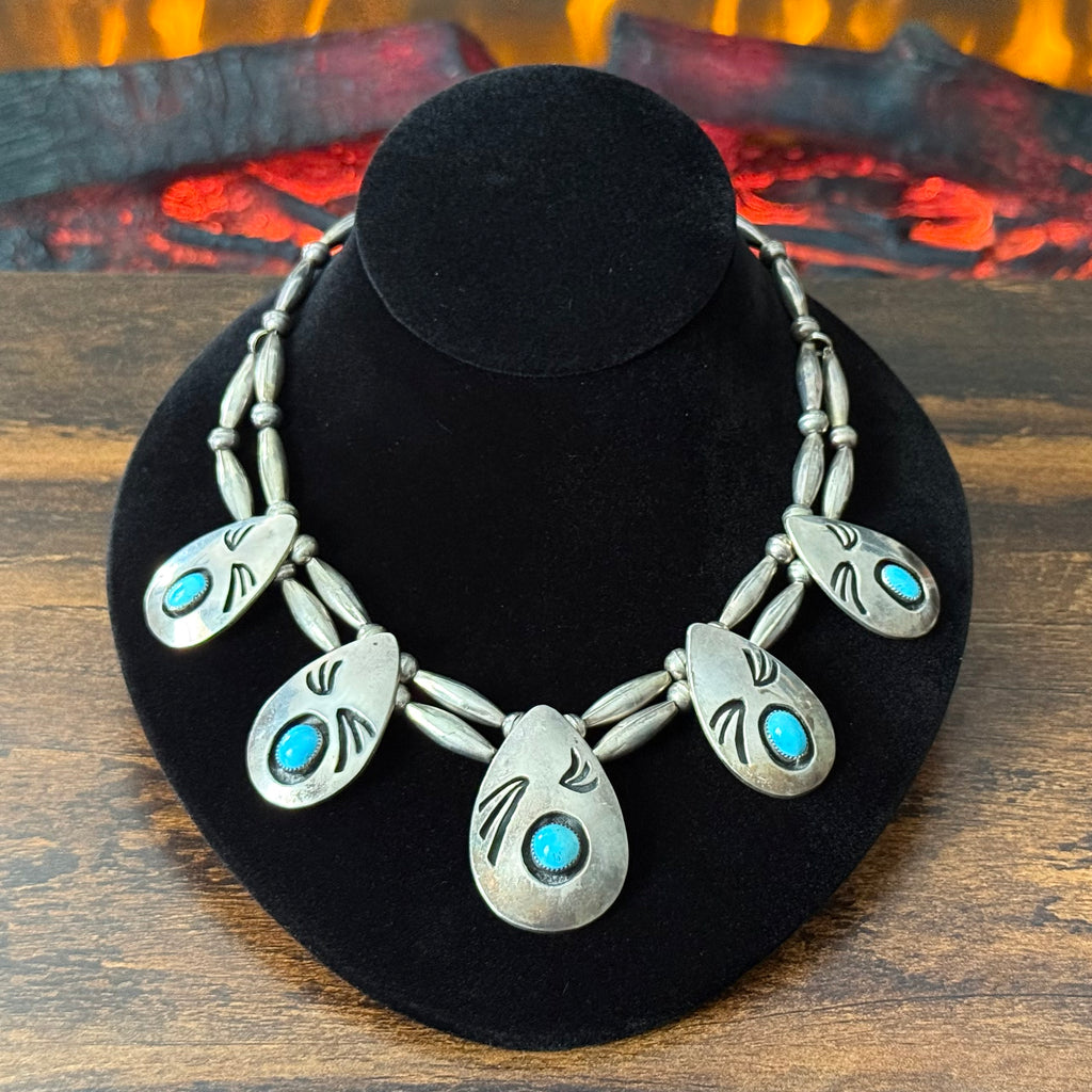 JF-562 Signed Turquoise 5 Stone Sterling Overlay Torpedo Bead Statement Necklace