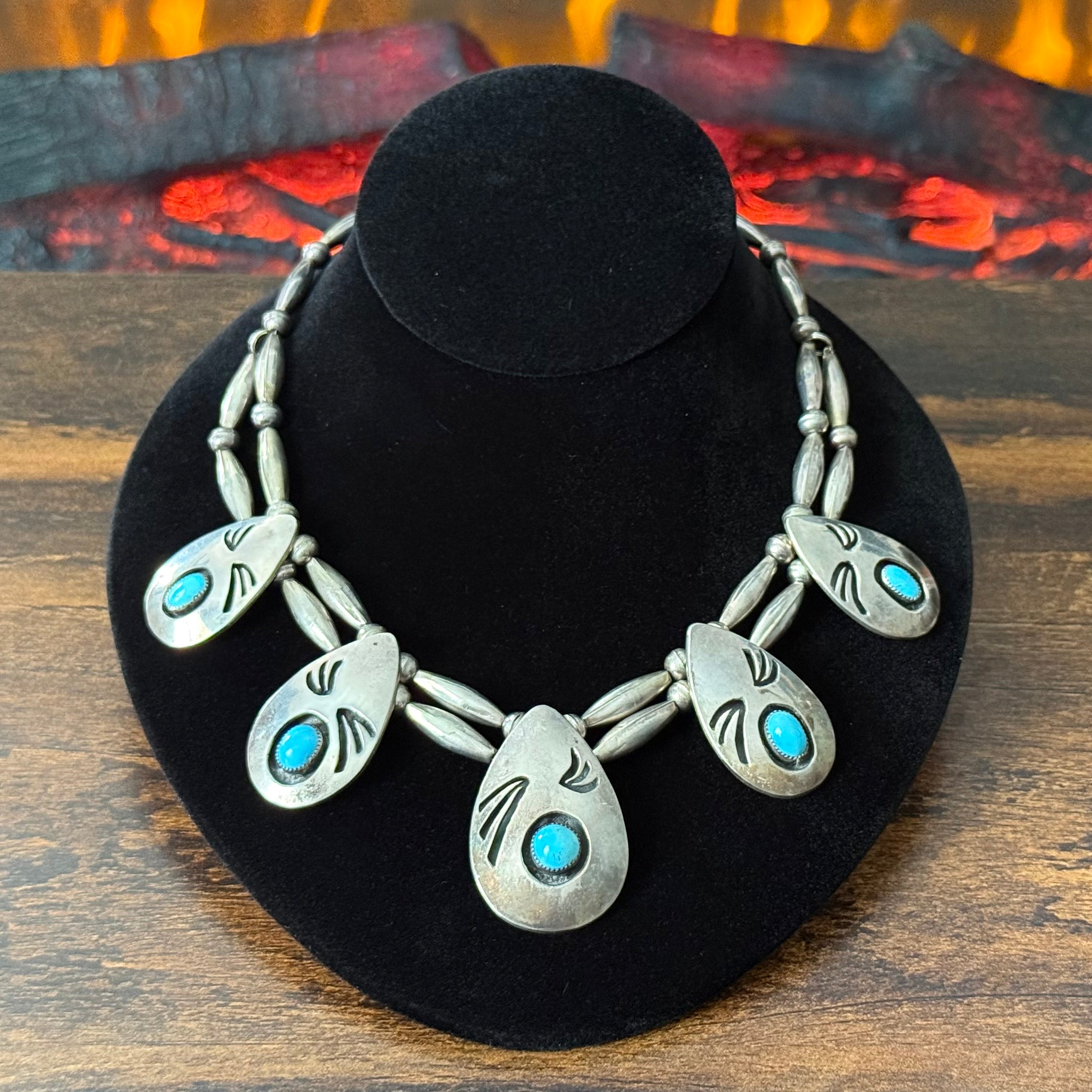 JF-562 Signed Turquoise 5 Stone Sterling Overlay Torpedo Bead Statement Necklace
