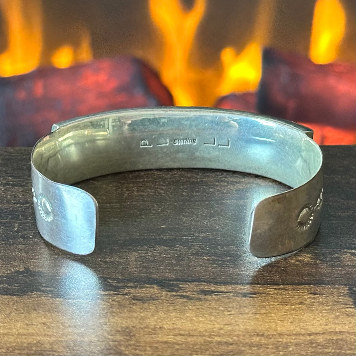 Navajo Patrick & Laura Lincoln Turquoise Sterling Hand Stamped Inlay Cuff