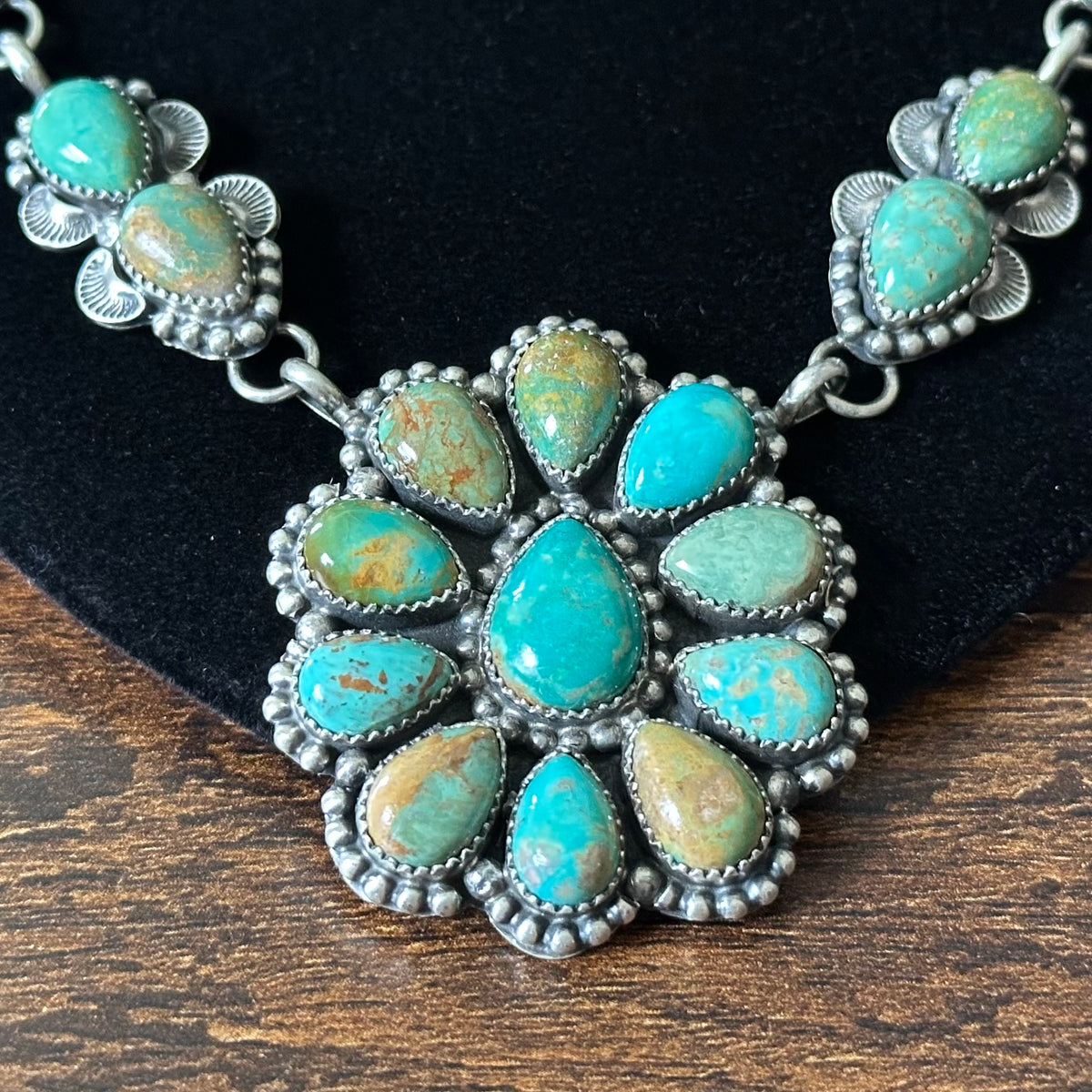 Navajo Pansy Johnson Royston Turquoise 23 Stone Sterling Hand Stamped Cluster Statement Necklace Earrings Set