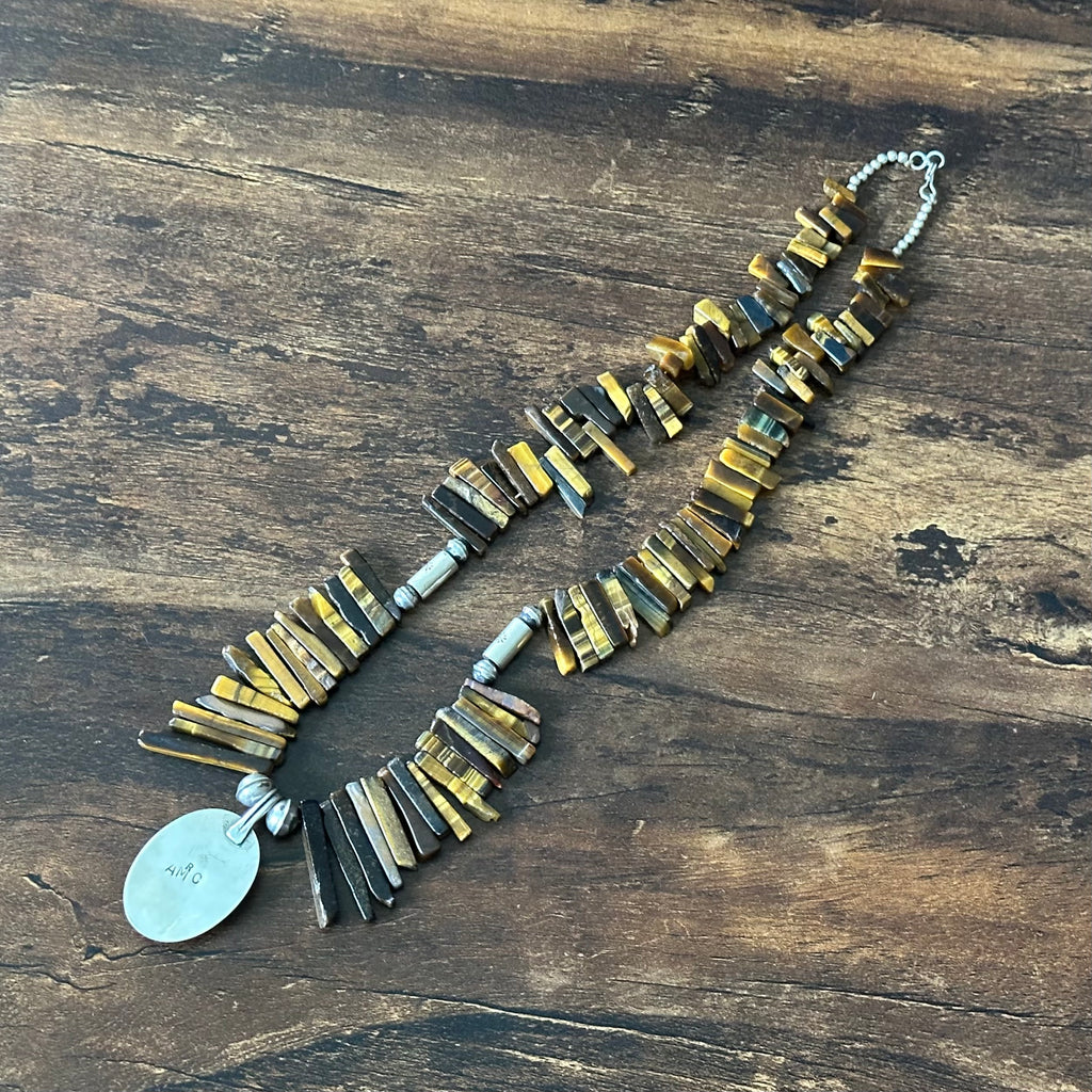 Kewa Ava & Marie Coriz Tigers Eye 107 Graduated Stone Sterling Cylinder Bead Hand Stamped Pendant Statement Necklace