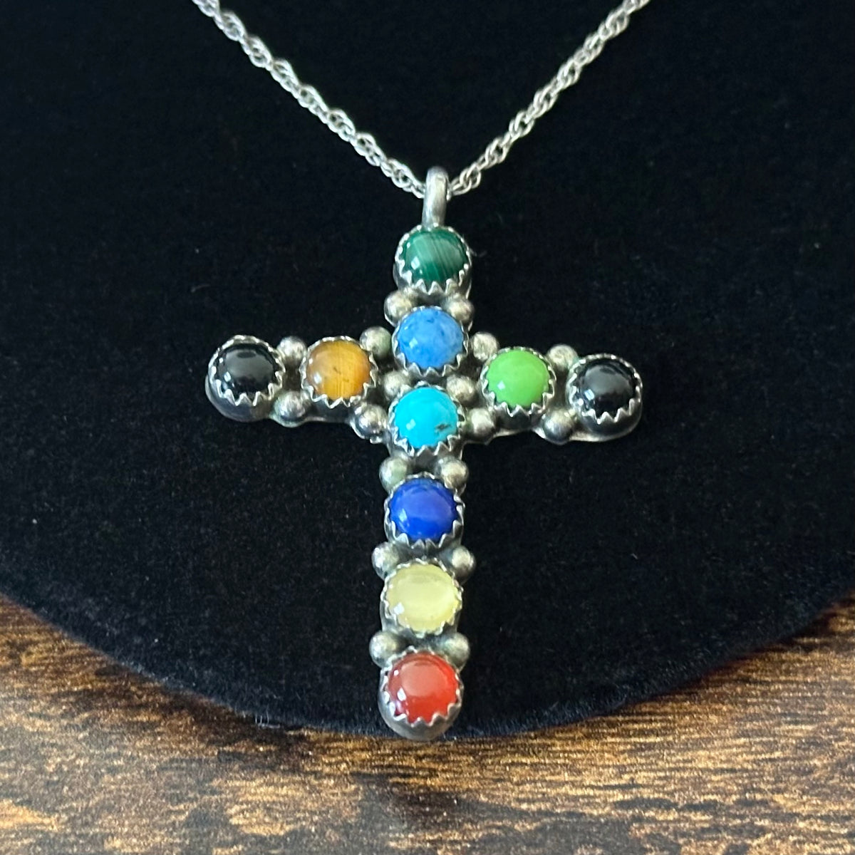 Navajo Lenora Begay Turquoise Lapis Onyx Sodalite Gaspeite Malachite Tigers Eye 10 Stone Sterling Cross Pendant Necklace