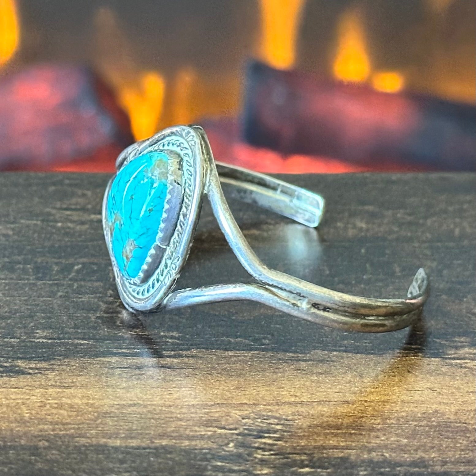 Turquoise Sterling Hand Stamped Twist Wire Bezel Cuff