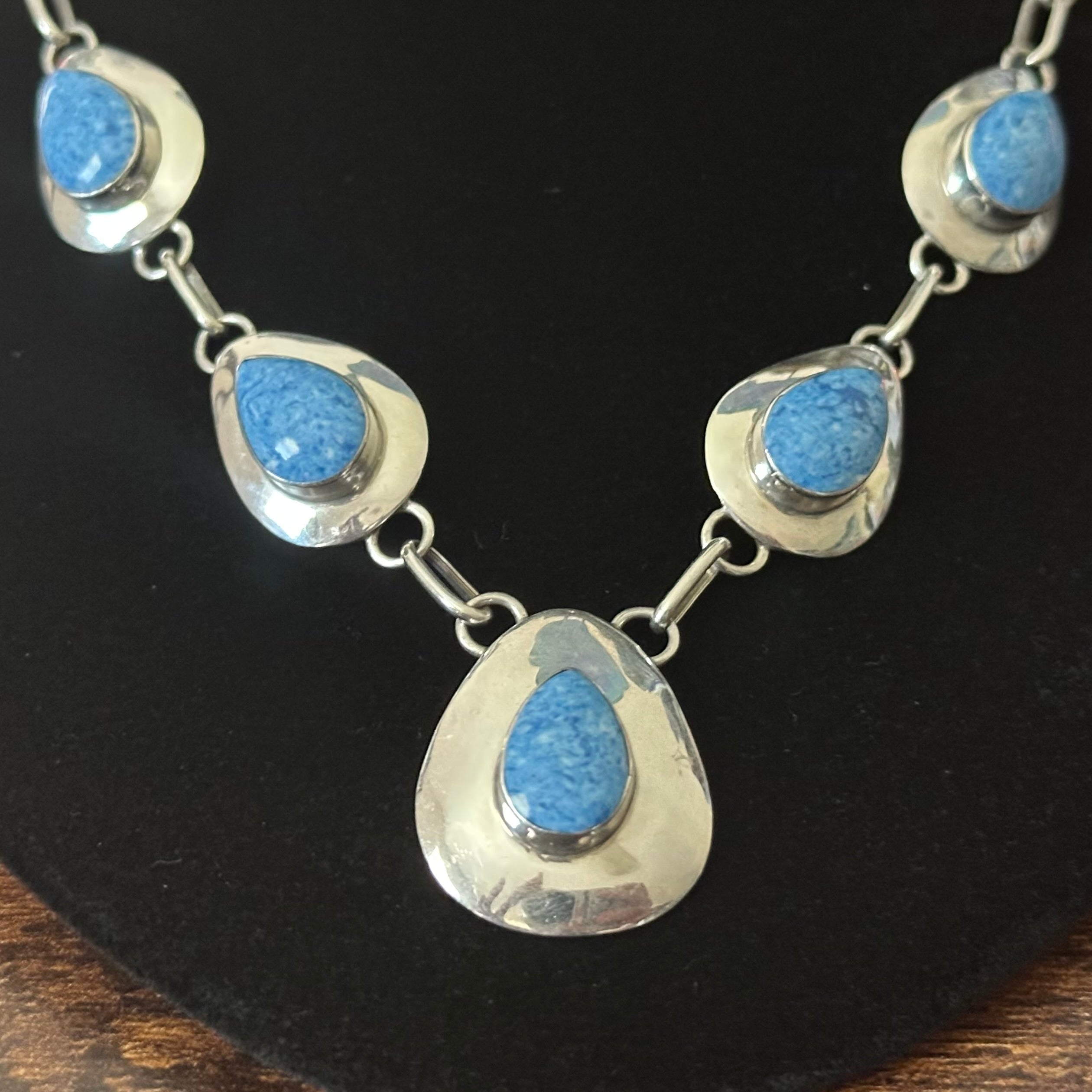 C Signed Sodalite 7 Stone Sterling Teardrop Station Necklace Earrings Set