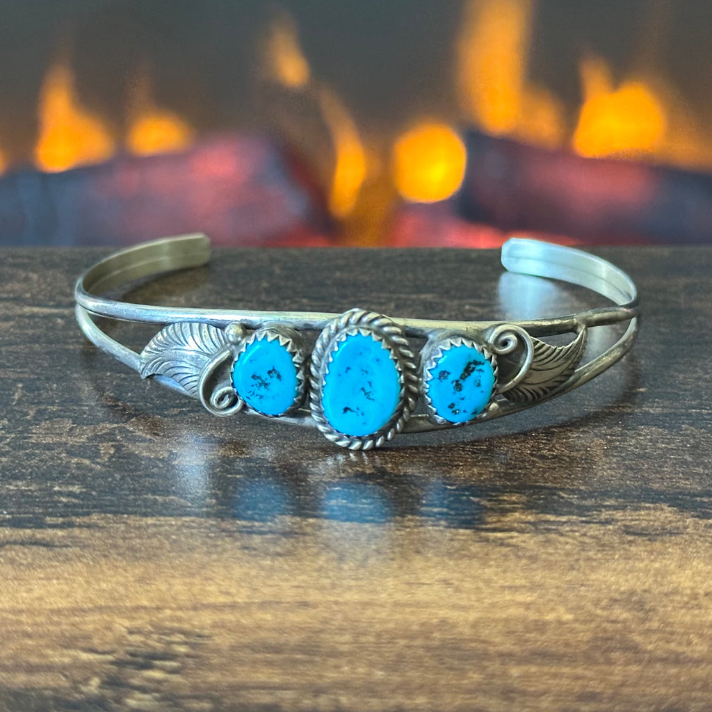Turquoise 3 Stone Sterling Twist Wire Bezel Leaf Stacker Cuff