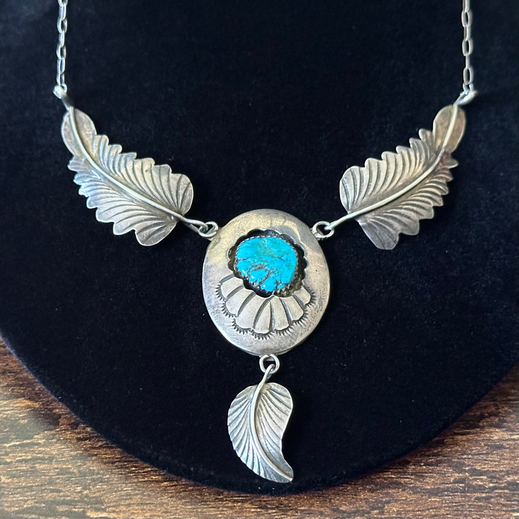 M Signed Vintage Turquoise Sterling Hand Stamped Shadowbox Feather Necklace