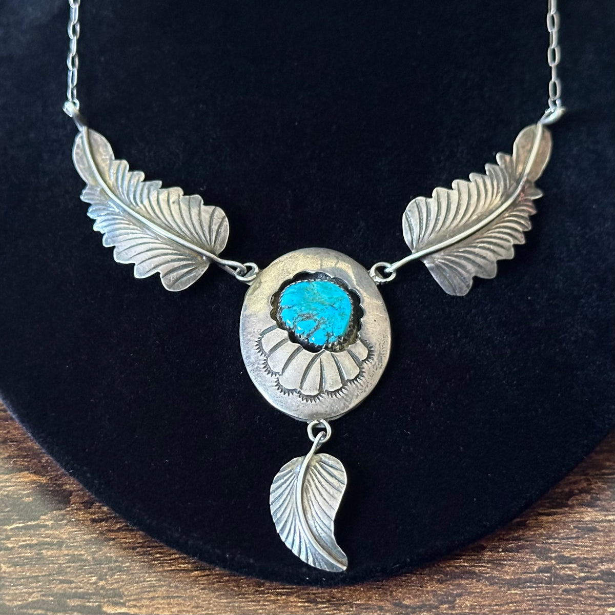 M Signed Vintage Turquoise Sterling Hand Stamped Shadowbox Feather Necklace