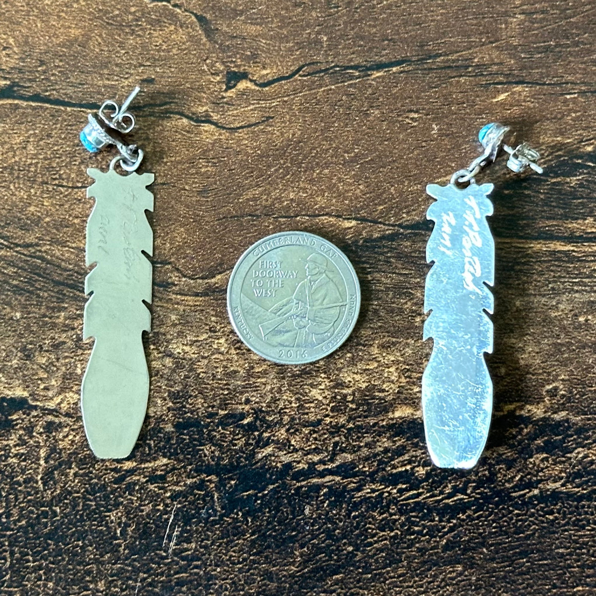 Zuni Tyrie Panteah Turquoise Sterling Feather Inlay Dangle Earrings