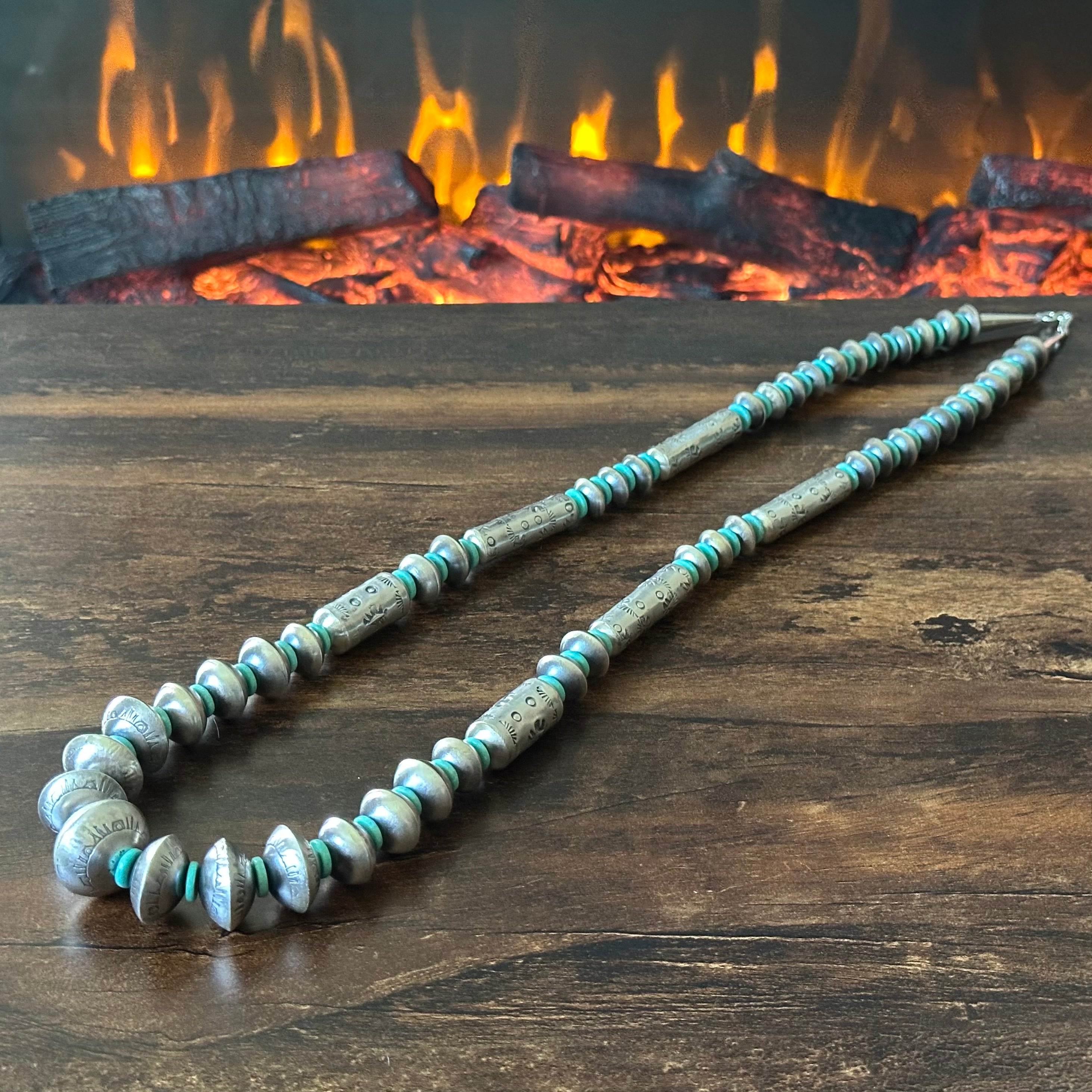 Navajo Tysha Aparicio Turquoise Sterling Handmade Cylinder Bead Stamped Necklace Earrings Set