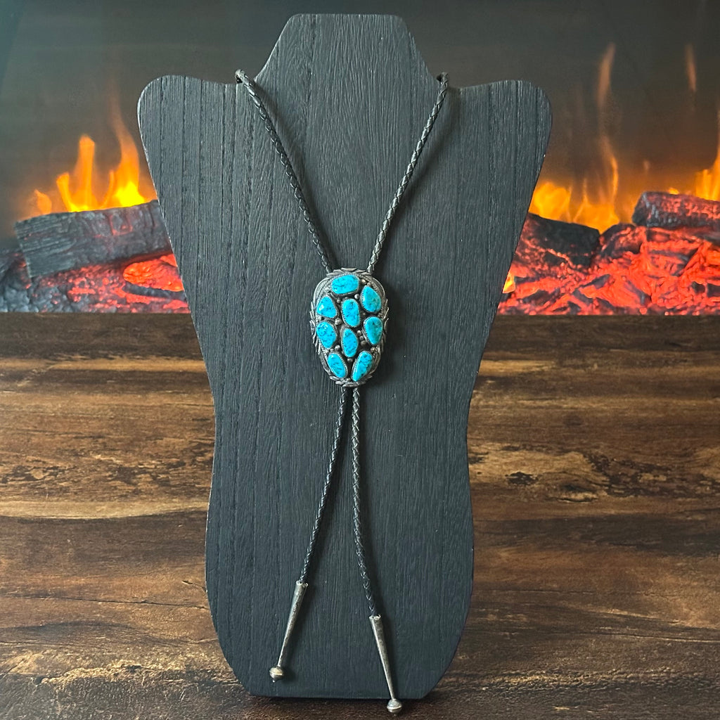 Turquoise Sterling 9 Stone Cluster Hand Stamped Bolo Tie