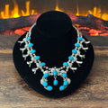 Navajo Wayne Etsitty Vintage Turquoise 18 Stone Sterling Leaf Squash Blossom Necklace