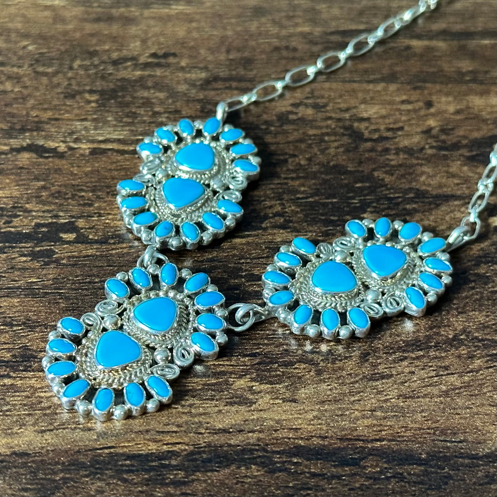 Running Bear Trading Turquoise 48 Stone Sterling Twist Wire Station Necklace