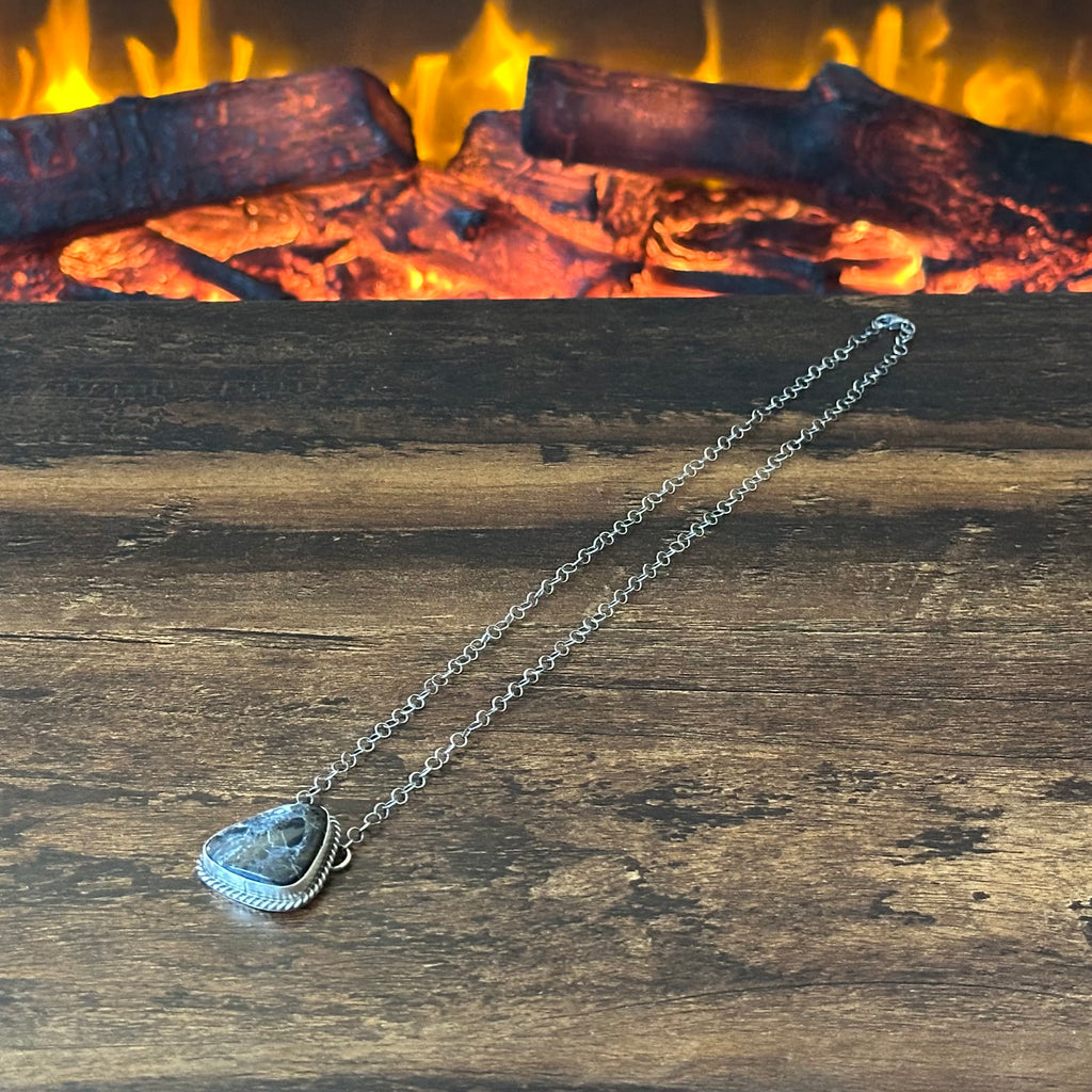 Navajo Hiram Largo White Buffalo Sterling Twist Wire Bezel Triangle Pendant Necklace