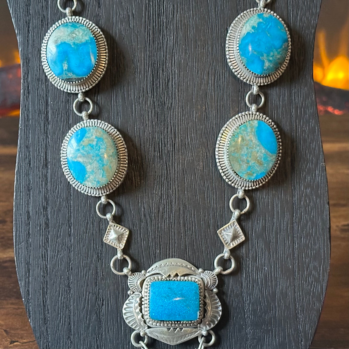 Turquoise 11 Stone Sterling Hand Stamped Lariat Statement Necklace