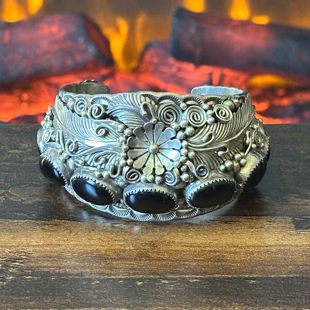 G Signed Onyx 9 Stone Sterling Floral Ornate Statement Cuff