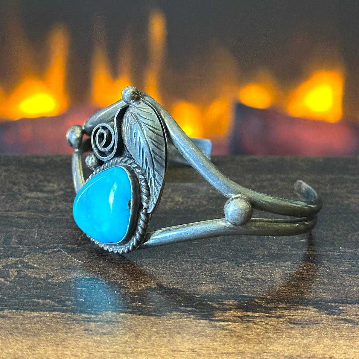 SK Signed Vintage Turquoise Sterling Raindrop Leaf Cuff