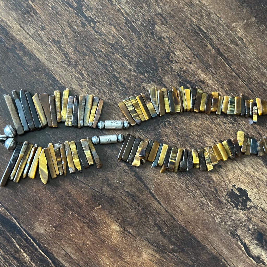 Kewa Ava & Marie Coriz Tigers Eye 107 Graduated Stone Sterling Cylinder Bead Hand Stamped Pendant Statement Necklace