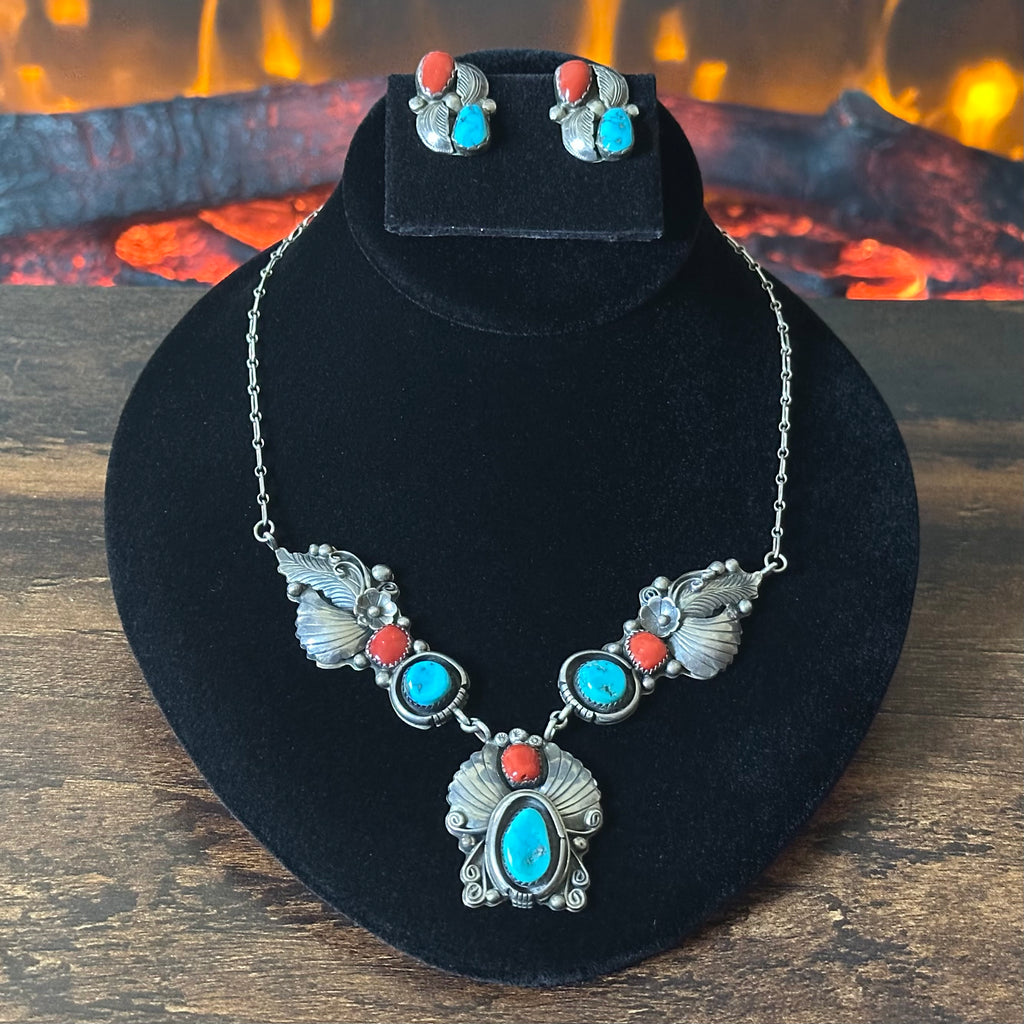 G Signed Turquoise Red Coral 6 Stone Sterling Floral Leaf Ornate Necklace Clip-on Earrings Set