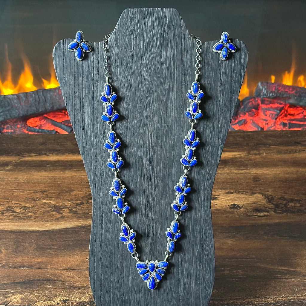 Navajo Pansy Johnson Lapis 52 Stone Sterling Raindrop Cluster Statement Necklace Earrings Set