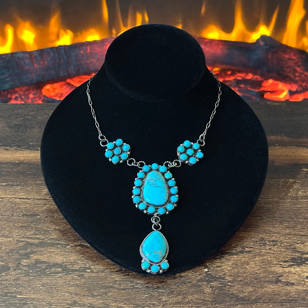Navajo Devin Brown Kingman Turquoise 34 Stone Sterling Cluster Lariat Necklace