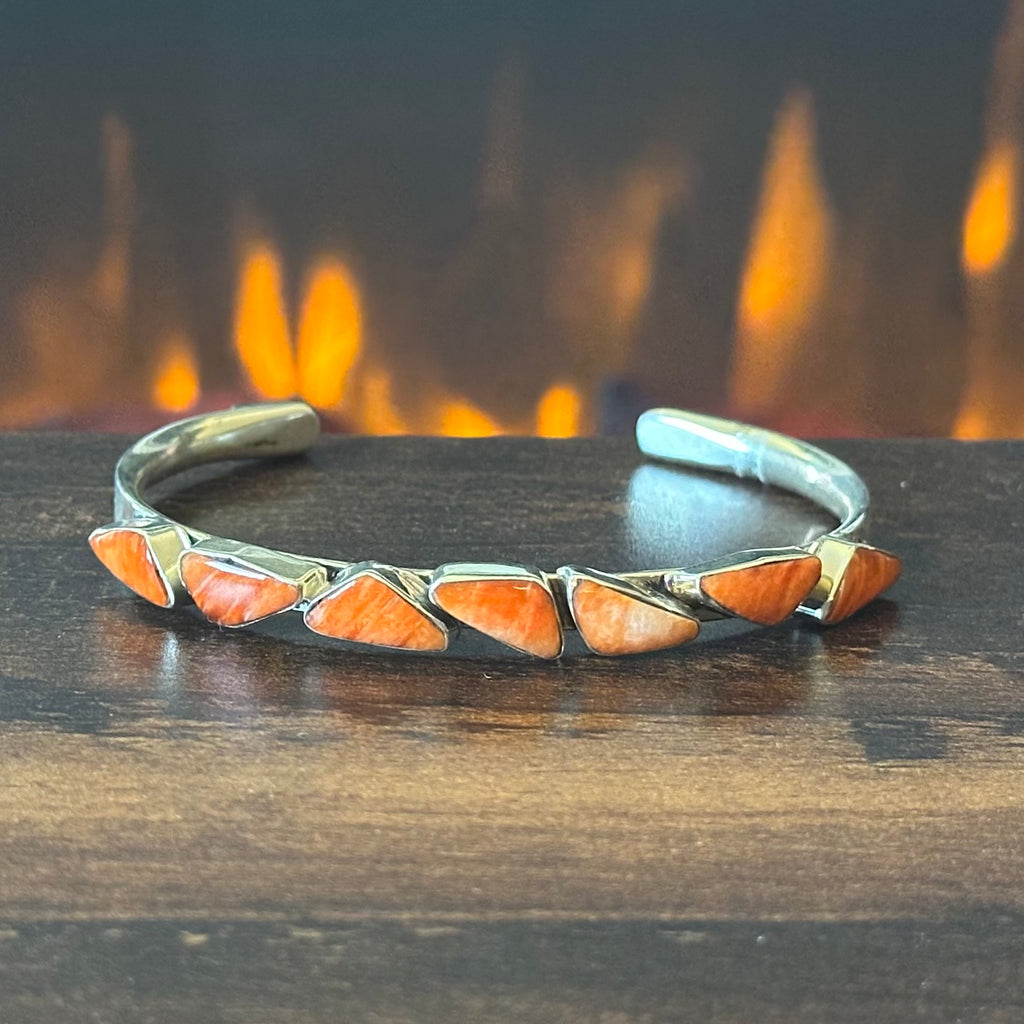 Navajo Sadie Jim Orange Spiny Oyster 7 Stone Sterling Triangle Stacker Cuff