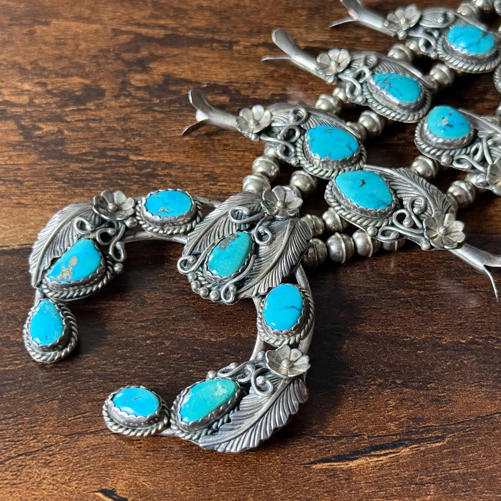 Vintage Turquoise 17 Stone Sterling Floral Ornate Squash Blossom