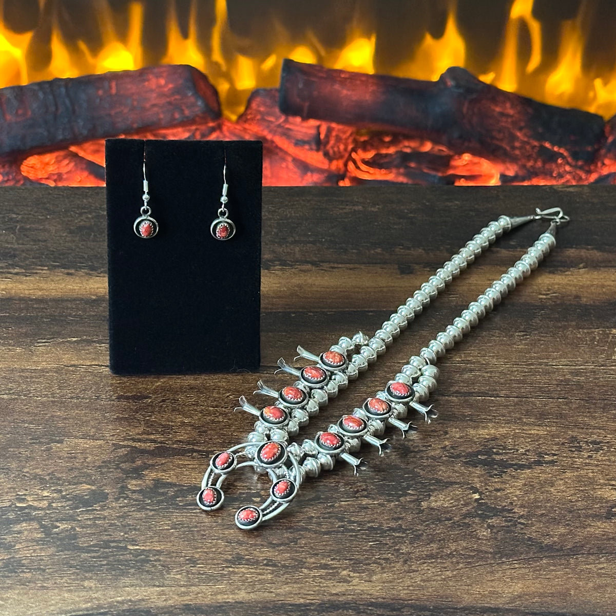 Navajo Phil & Lenora Garcia Red Spiny Oyster 13 Stone Sterling Squash Blossom Earrings Set