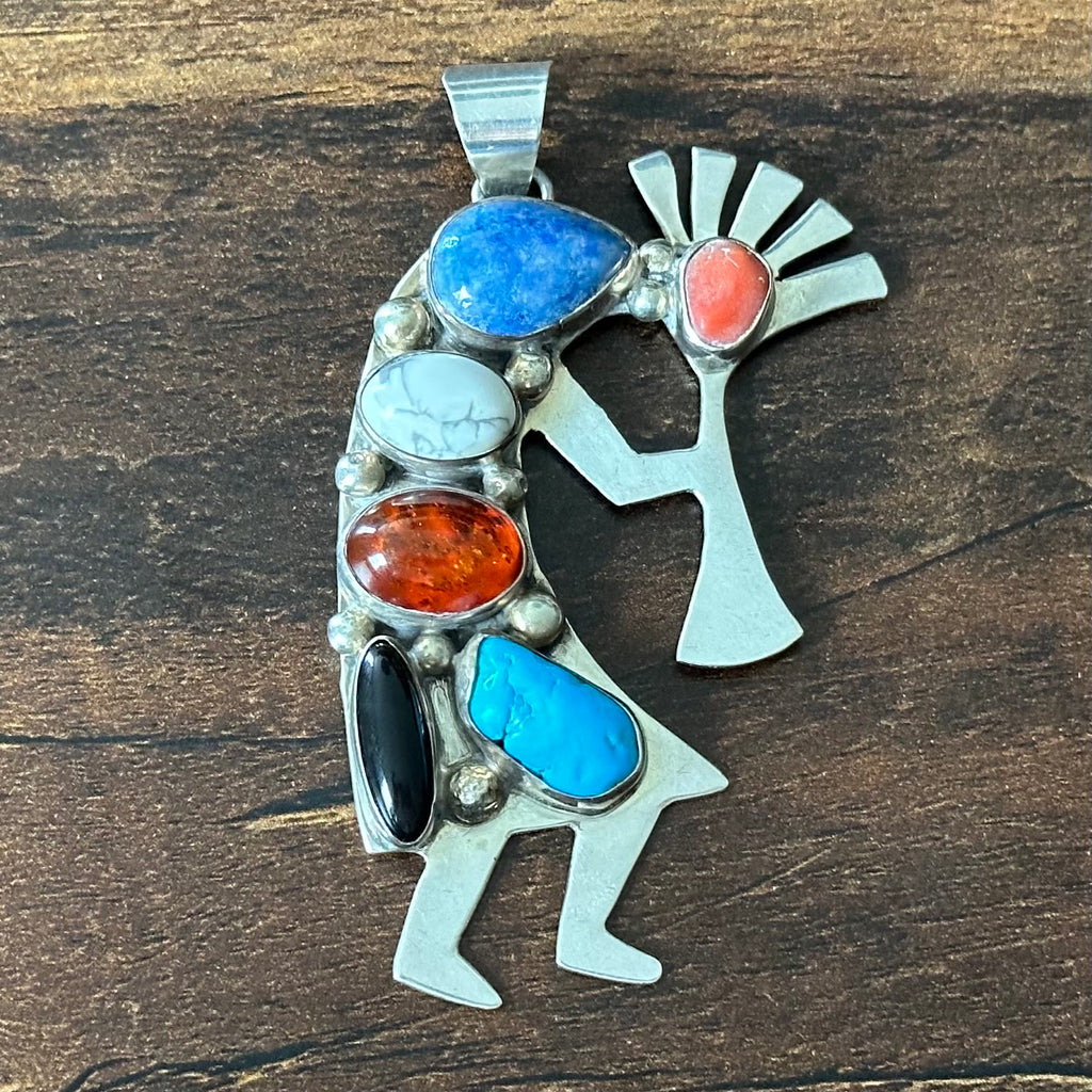 Navajo Emer Thompson Turquoise Denim Lapis Amber Onyx Coral 6 Stone Sterling Kokopelli Pendant