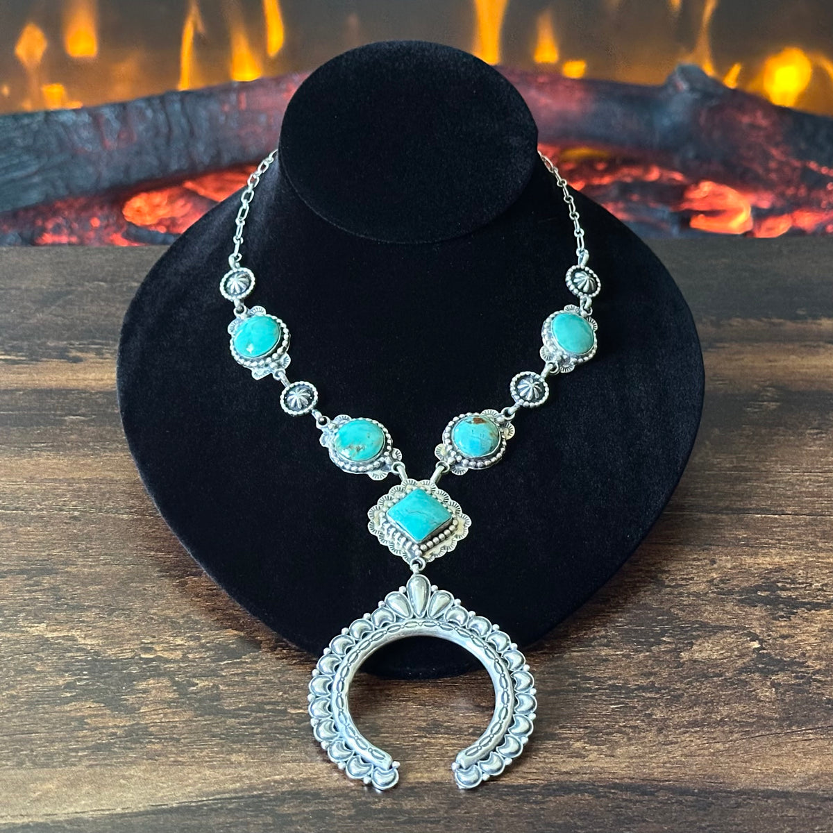 Navajo Charlene Yazzie Turquoise 5 Stone Sterling Hand Stamped Naja Necklace
