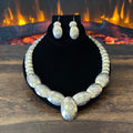 AM Signed Reversible Sterling Fleur De Lis Hand Stamped Pillow Bead Necklace Earrings Set