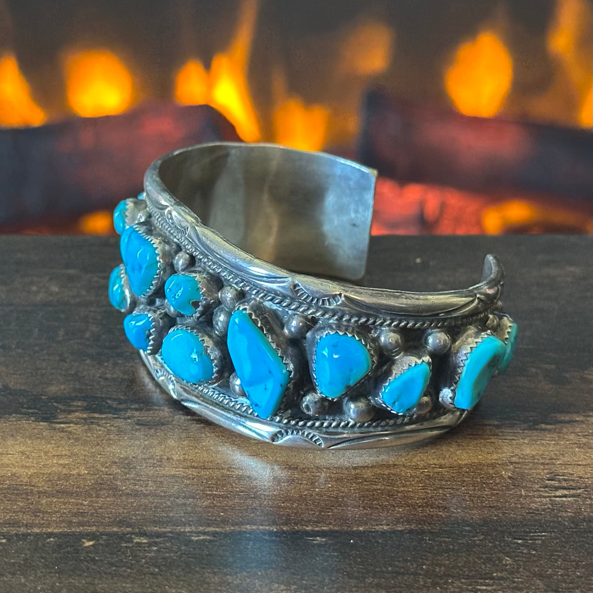 T Kinc Signed Chunky Turquoise 15 Stone Sterling Twist Wire Raindrop Statement Cuff