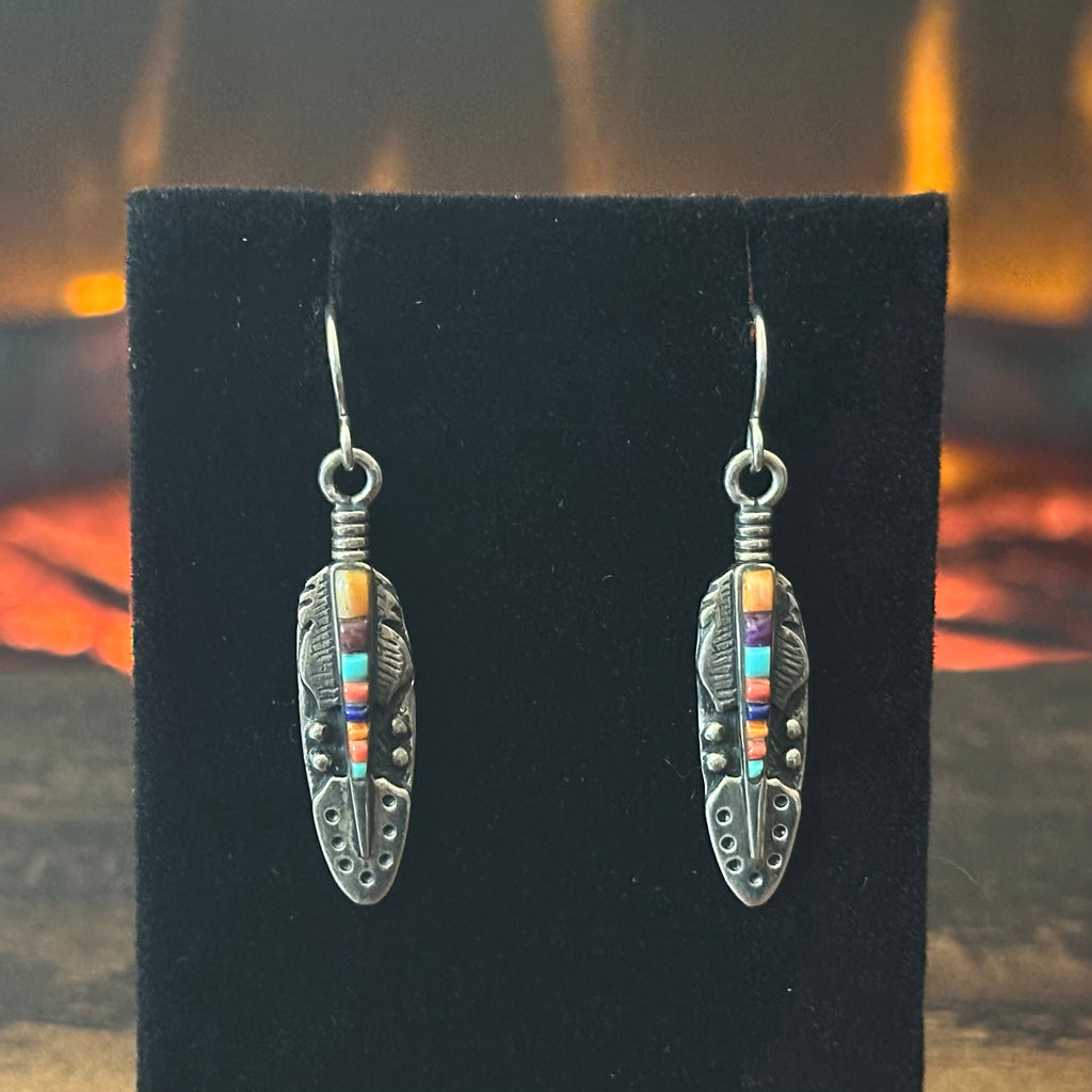 Turquoise Spiny Oyster Charoite Lapis Red Coral Sterling Hand Stamped Raindrop Feather Inlay Dangle Earrings