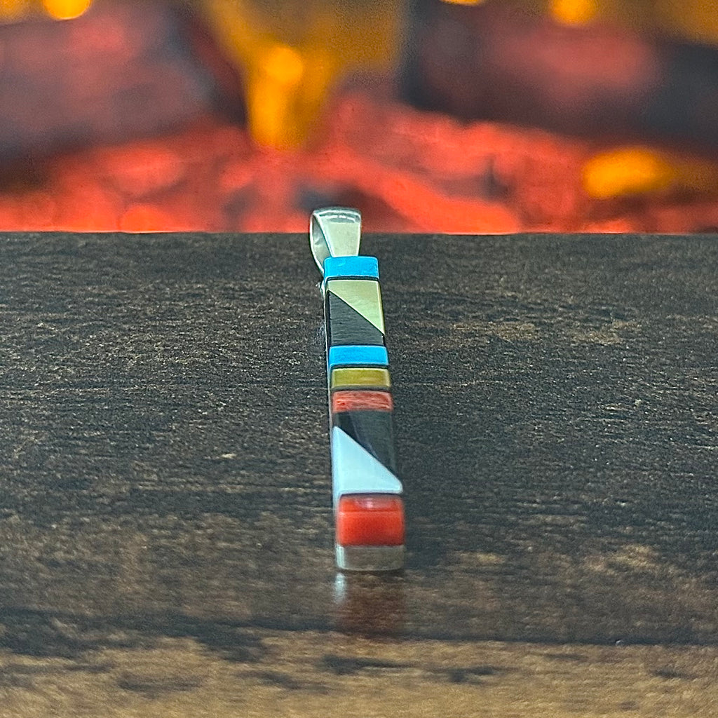 Zuni Maderrel Kallestewa Signed Turquoise Red Coral Jet Sterling Inlay Pendant