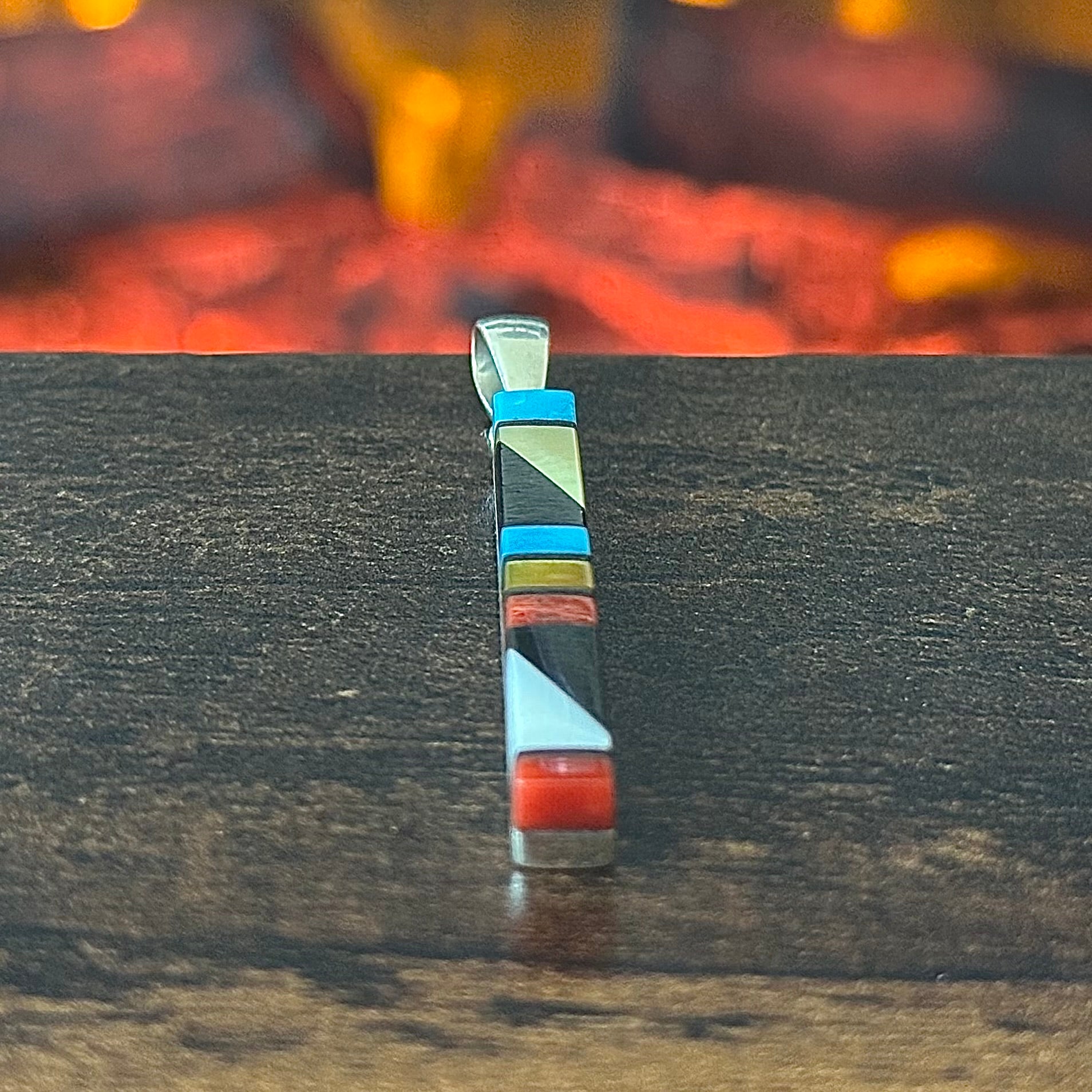Zuni Maderrel Kallestewa Signed Turquoise Red Coral Jet Sterling Inlay Pendant