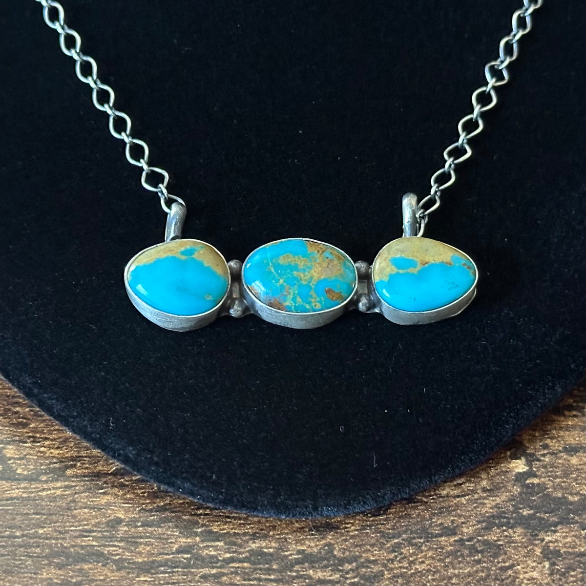 Navajo Robert Martinez Kingman Turquoise 3 Stone Sterling Bar Necklace