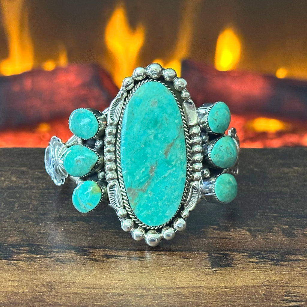 Running Bear Trading Turquoise 7 Stone Sterling Twist Wire Bezel Raindrop Statement Cuff
