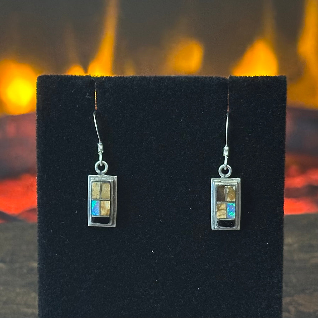 Tigers Eye Jasper Opal Jet Sterling Rectangular Inlay Dangle Earrings